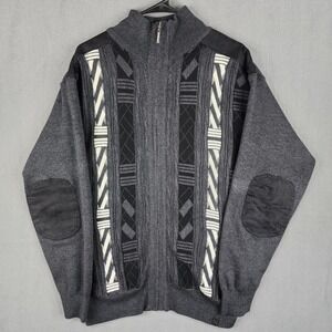 Silversilk Full Zip Sweater Mens L Gray Geometric Mock‎ Neck Elbow Patches Rayon